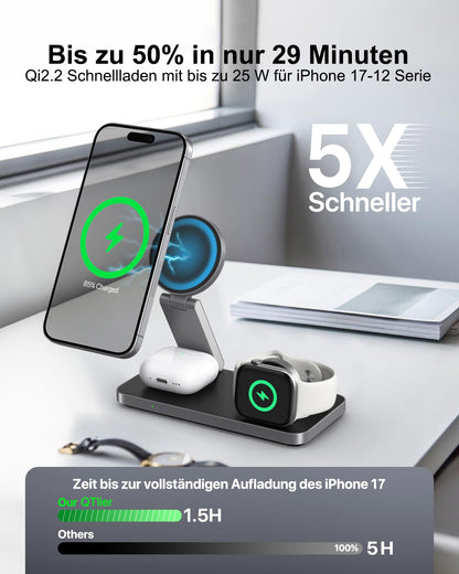 QTlier 3-in-1 Ladestation Qi2.2 25W für iPhone, Apple Watch, AirPods
