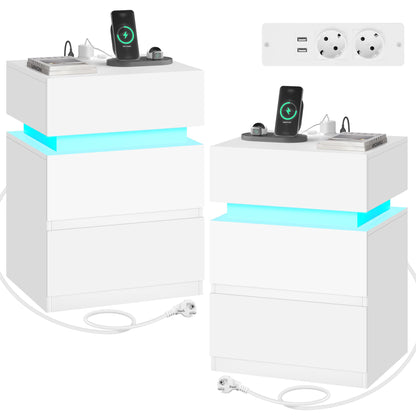 WOLTU Nachttisch 2er Set LED mit Steckdose - weiss NTS23ws-2