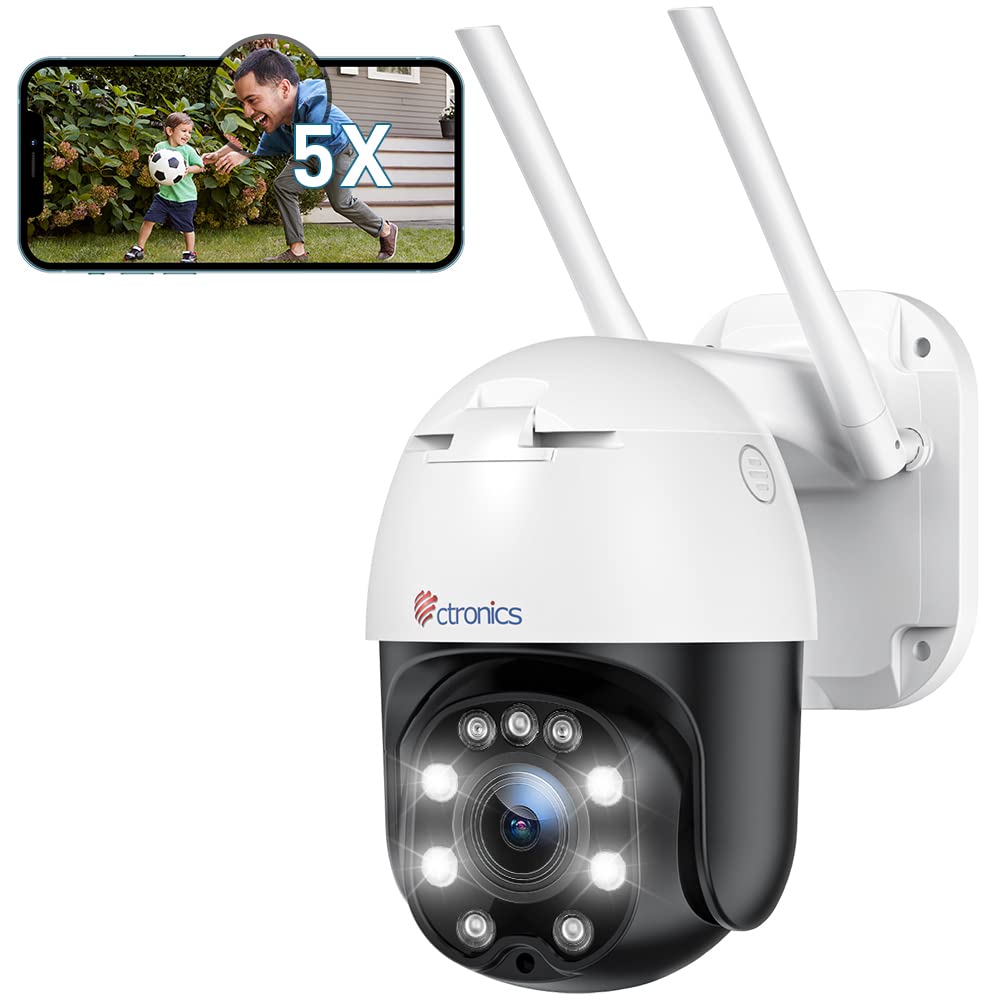 Ctronics PTZ Dome WLAN Kamera Aussen - 5X Optischer Zoom. Weiße Dome-Kamera zur drahtlosen Aussenüberwachung.