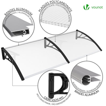 VOUNOT Vordach Haustür Pultvordach 200x80 cm Transparent/Schwarz