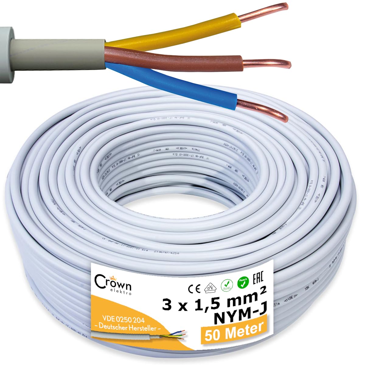 CROWNSTORES NYM-J Kabel 3x1,5mm² 50m Mantelleitung Kupfer 3-adrig, hellgraue PVC-Ummantelung, als Kabelring