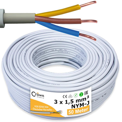 CROWNSTORES NYM-J Kabel 3x1,5mm² 50m Mantelleitung Kupfer 3-adrig, hellgraue PVC-Ummantelung, als Kabelring