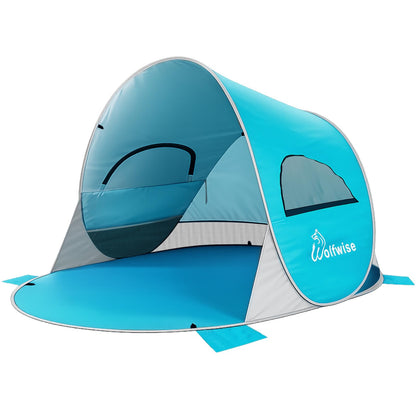 WolfWise Strandmuschel Pop-Up Zelt mit UV-Schutz 50+, 3-4 Personen in Blau mit Netzfenstern