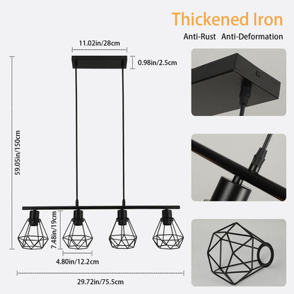 FORCOSO Pendelleuchte Esstisch 4 Flammig – Schwarz Vintage