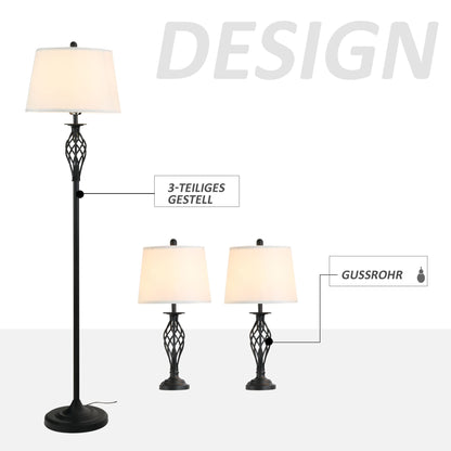 HOMCOM 3er Lampen Set Vintage – 2 Tisch-, 1 Stehlampe Schwarz Weiss