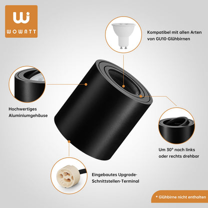 wowatt Aufbauspot GU10 Aluminium Schwarz – 6er Set rund schwenkbar