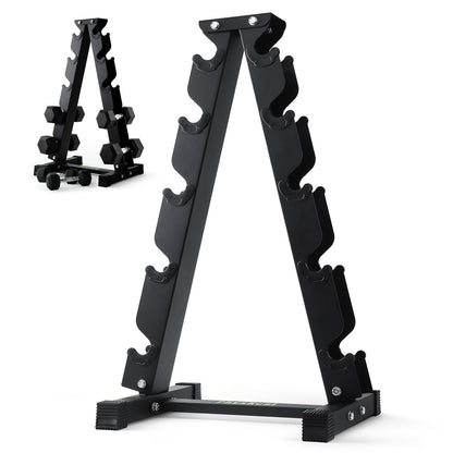 PhysKcal 5-Tier Kurzhantel Rack – Hantelablage Ständer: Schwarzes Metallgestell mit 5 Ablageebenen zur platzsparenden Lagerung von Kurzhanteln.