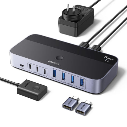 UGREEN USB 3.0 Switch 2 In 7 Out für 2 PCs mit Fernbedienung, USB-Umschalter mit 7 USB-3.0-Ports