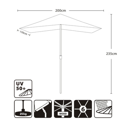 Sekey Holz-Sonnenschirm 200 × 150 cm rechteckig knickbar UV50+ Creme