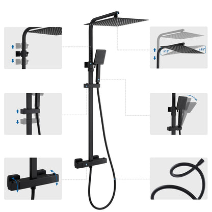 Auralum Duschsystem mit Thermostat, Regendusche 30 x 30 cm, schwarz