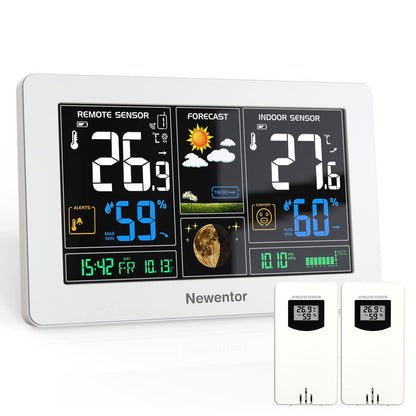 Newentor Wetterstation Funk - mit 2 Aussensensoren DCF weiss. Zeigt Innen-/Aussentemperatur & Luftfeuchtigkeit auf Display.