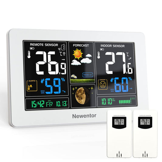 Newentor Wetterstation Funk - mit 2 Aussensensoren DCF weiss. Zeigt Innen-/Aussentemperatur & Luftfeuchtigkeit auf Display.