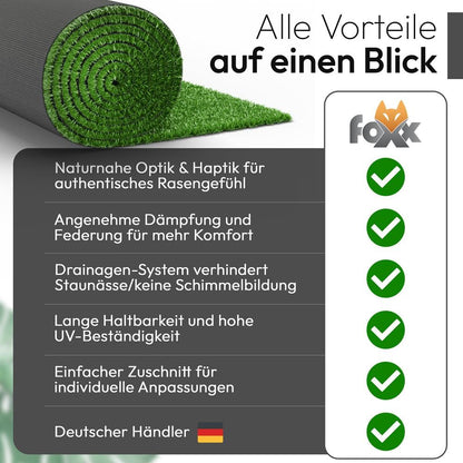 Foxx Kunstrasen 100x500 cm Grün – Rasenteppich mit Drainage, 10 mm