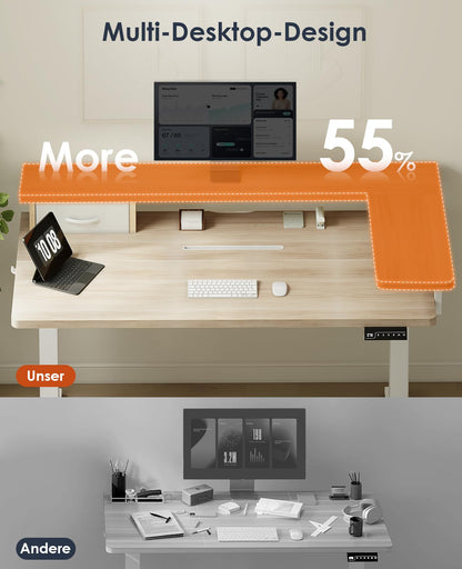 OffiGo Elektr. Steh-Sitz Schreibtisch 120x60cm Maple USB Schublade