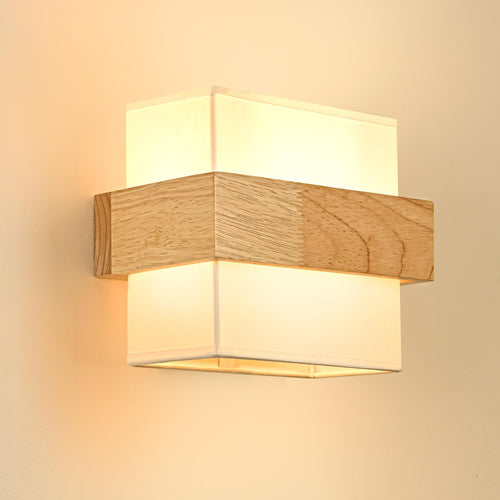 Gleonlux Wandleuchte Holz Innen, Vintage Wandlampe mit E14 Fassung, quadratischer weisser Stoffschirm, Eichenholzkorpus