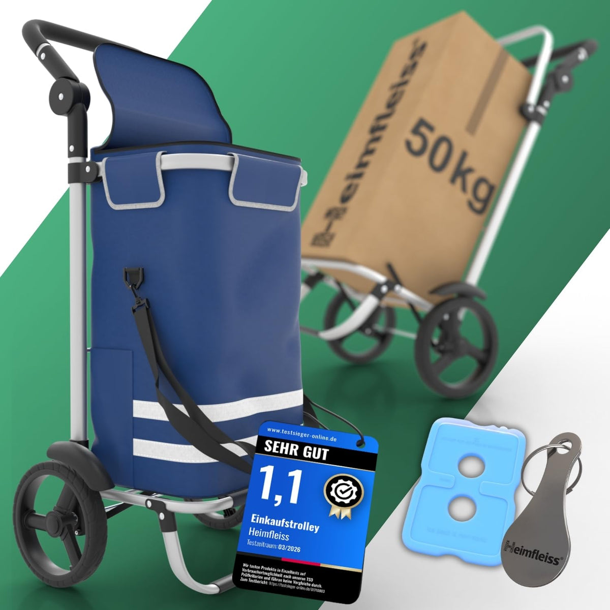 Heimfleiss Einkaufstrolley klappbar mit Kühlfach, 56 Liter, bis 50 kg, mit höhenverstellbarem Griff und Rollen