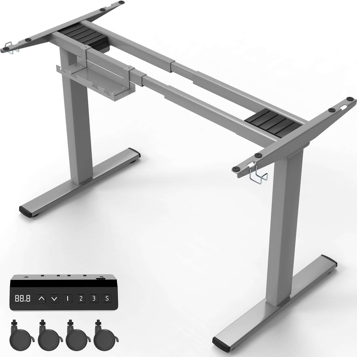 Homall Elektrisches Schreibtischgestell Höhenverstellbar - Grau. Graues, stabiles Untergestell zur elektrischen Höhenanpassung einer Arbeitsplatte.