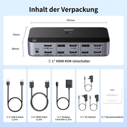 UGREEN HDMI KVM Switch 2 PC 2 Monitore 4K60Hz USB 3.0