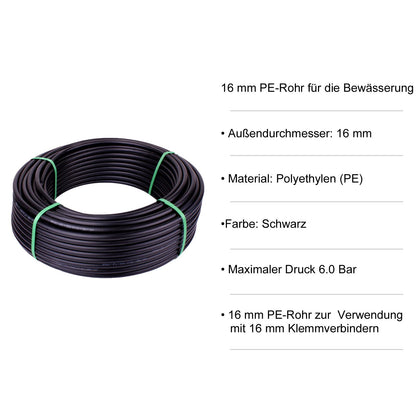 Verdone PE-Rohr 16 mm 50 m PN6 Bewässerungsrohr für Tropfbewässerung