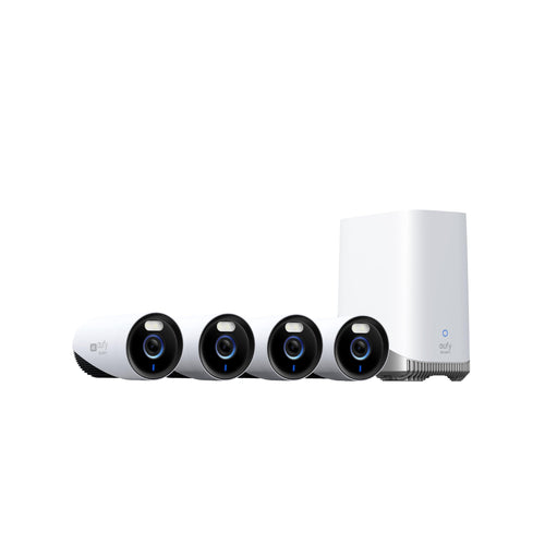 eufy Security eufyCam E330 Aussenkamera 4K 4er Set. Vier kompakte, dunkelgraue 4K-Kameras zur Videoüberwachung im Aussenbereich.