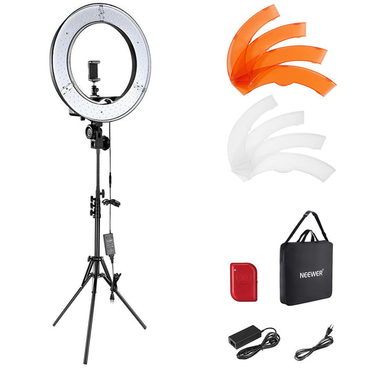NEEWER 18" LED Ringleuchte mit Stativ. Runde, weiße Ringleuchte auf schwarzem Stativ. Dimmbare Beleuchtung zur gleichmäßigen Ausleuchtung für Foto- und Videoaufnahmen.
