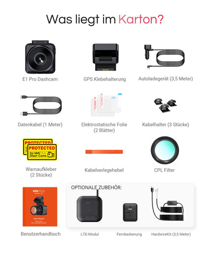 VANTRUE E1 Pro 4K HDR Dashcam mit STARVIS 2, GPS und Sprachsteuerung