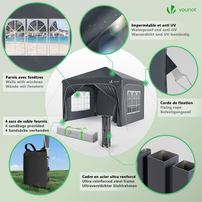 VOUNOT Pavillon 3x3m Pop Up Faltpavillon – Grau, mit Seitenteilen