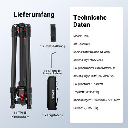 NEEWER Basics TP14B Reisestativ mit Kugelkopf, 182 cm, bis 6 kg