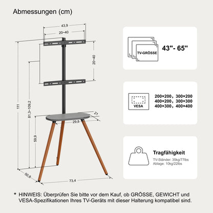 ECOTINY TV Staffelei 43-65 Zoll - Schwarzes Walnussholz