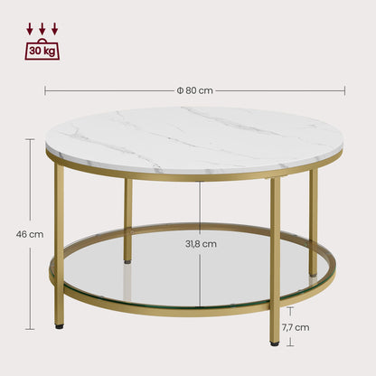 VASAGLE LCT071W59 Couchtisch – Glasplatte, Marmorweiss/Gold