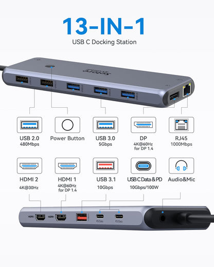 USB C Dockingstation 13-in-1 – Triple Display 4K Dual HDMI