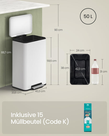 SONGMICS Tretmülleimer Küche 50 L, Stahl, Softclose, wolkenweiss