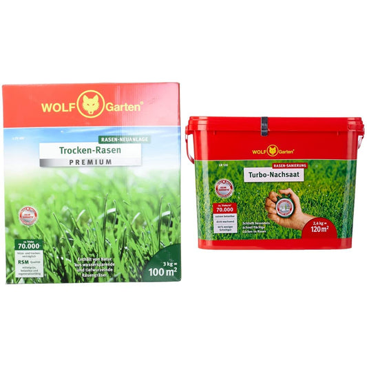 WOLF-Garten trocken Premium Turbo-Nachsaat 3826121 LR Rasen, grüner Sack für schnelle Rasenreparatur (120 m²).