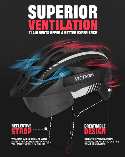 VICTGOAL VG112 MTB Fahrradhelm mit Magnetbrille, L, Schwarz-Weiss