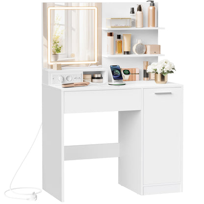 VASAGLE Kailyn Schminktisch mit LED-Spiegel & Steckdosenleiste – Weiss
