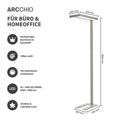 Arcchio LED Büro Stehlampe dimmbar Uplight/Downlight - silber