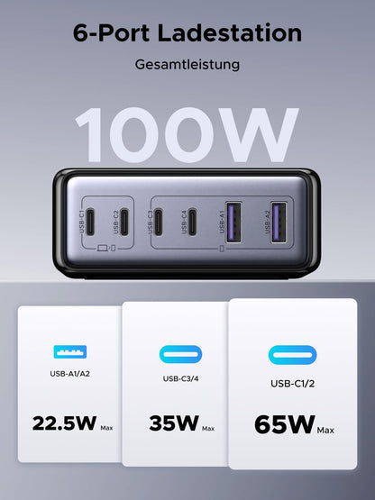 UGREEN 100W USB-C Ladestation 6-Port GaN Schnellladegerät