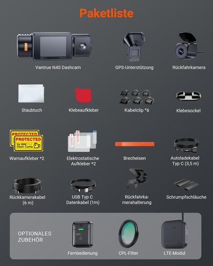 VANTRUE N4S 3-Kanal Auto Dashcam – STARVIS 2, HDR, WiFi, GPS