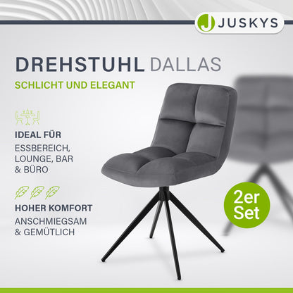 Juskys Drehstuhl Dallas 2er Set Esszimmerstuhl – Samt Dunkelgrau
