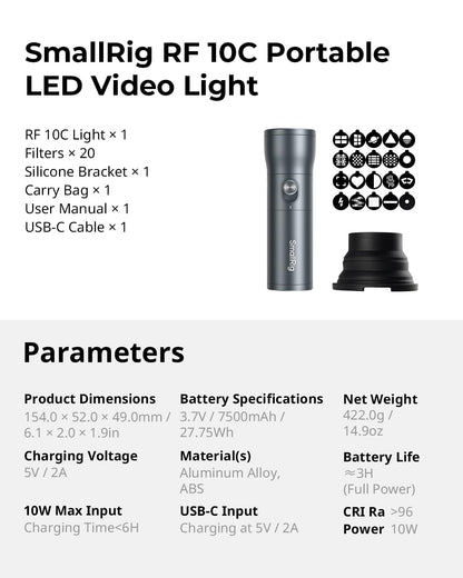 SMALLRIG RF10C RGB LED Fotolampe, 4-farbiges Fülllicht mit 20 Filtern