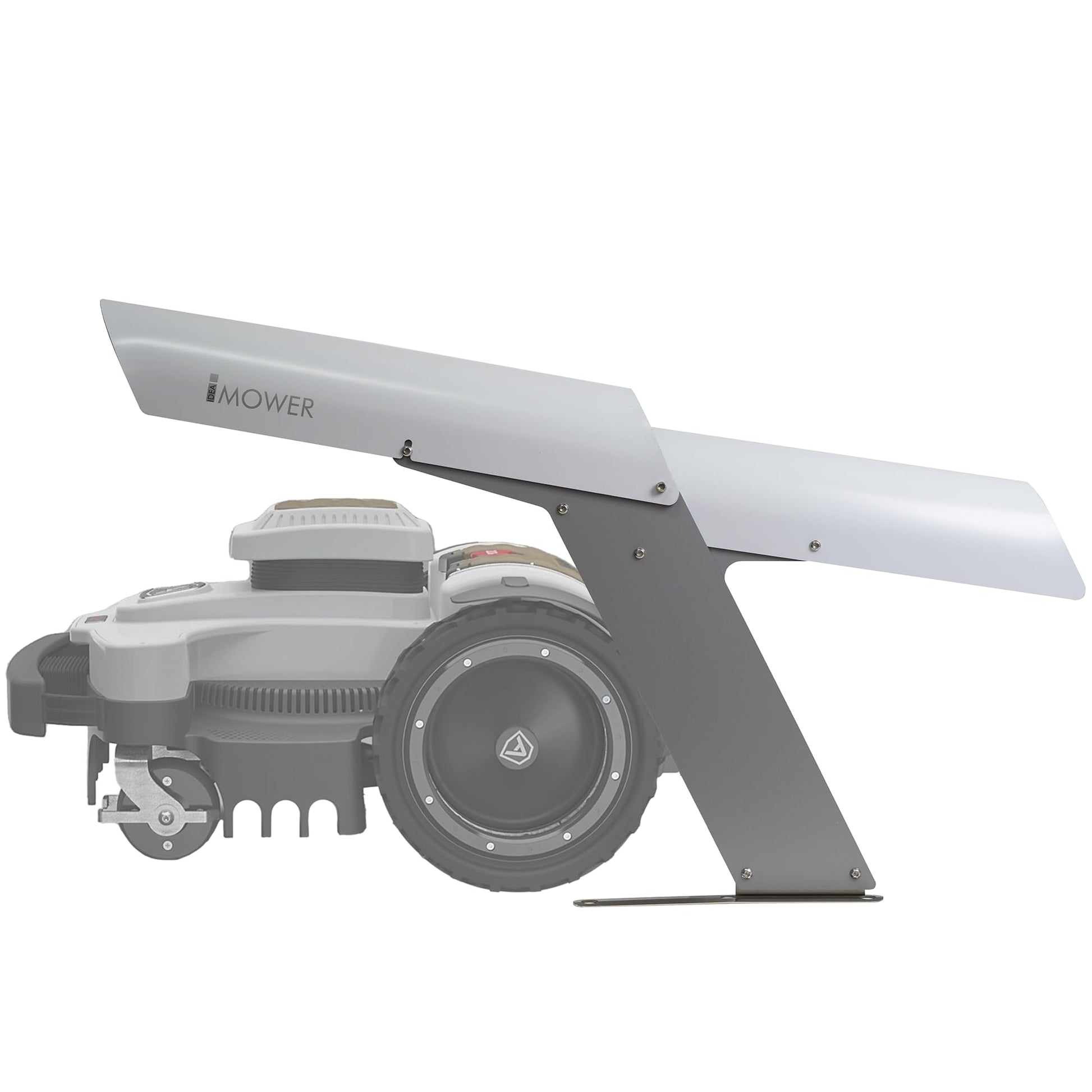 IDEA MOWER Garage One 2.1 Mähroboter Garage mit Öffnungsdach. Graue, rechteckige Garage schützt Mähroboter vor Witterungseinflüssen.