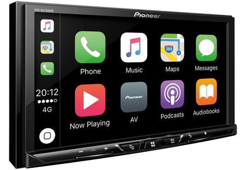Pioneer SPH-DA230DAB Autoradio. Schwarzes, rechteckiges Doppel-DIN Gerät mit Touchscreen. Ermöglicht CarPlay/Android Auto Integration zur Smartphone-basierten Navigation und Medienwiedergabe im Auto.
