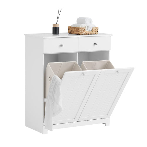 SoBuy BZR33-W Wäscheschrank mit 2 Wäschesäcken – Weiss: Weißer Wäscheschrank zum Sammeln und Trennen von Schmutzwäsche.
