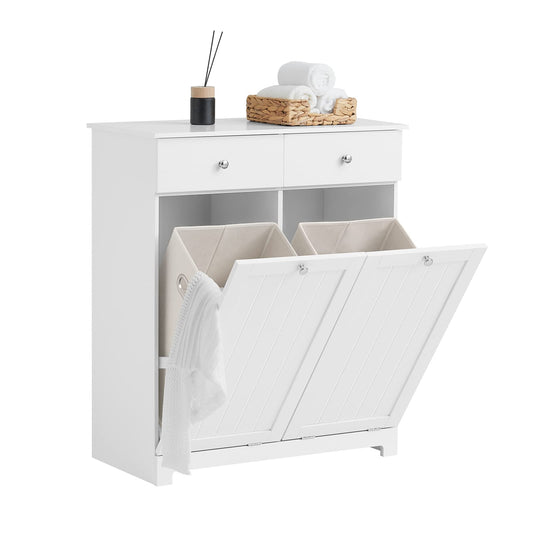 SoBuy BZR33-W Wäscheschrank mit 2 Wäschesäcken – Weiss: Weißer Wäscheschrank zum Sammeln und Trennen von Schmutzwäsche.