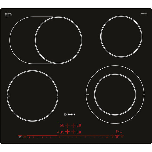 Bosch PKN601DP1D Serie 8 Glaskeramik-Kochfeld - autark 60cm. Schwarze Oberfläche mit Kochzonen zur Speisenzubereitung.
