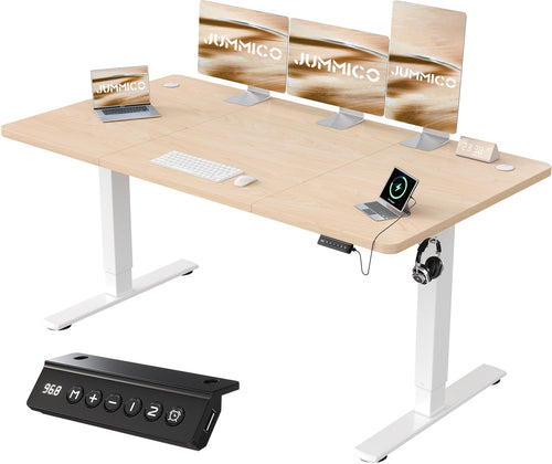 JUMMICO Höhenverstellbarer Schreibtisch Elektrisch, 160x70cm, rechteckig, beige. Elektrische Höhenverstellung für ergonomisches Arbeiten; mit USB.