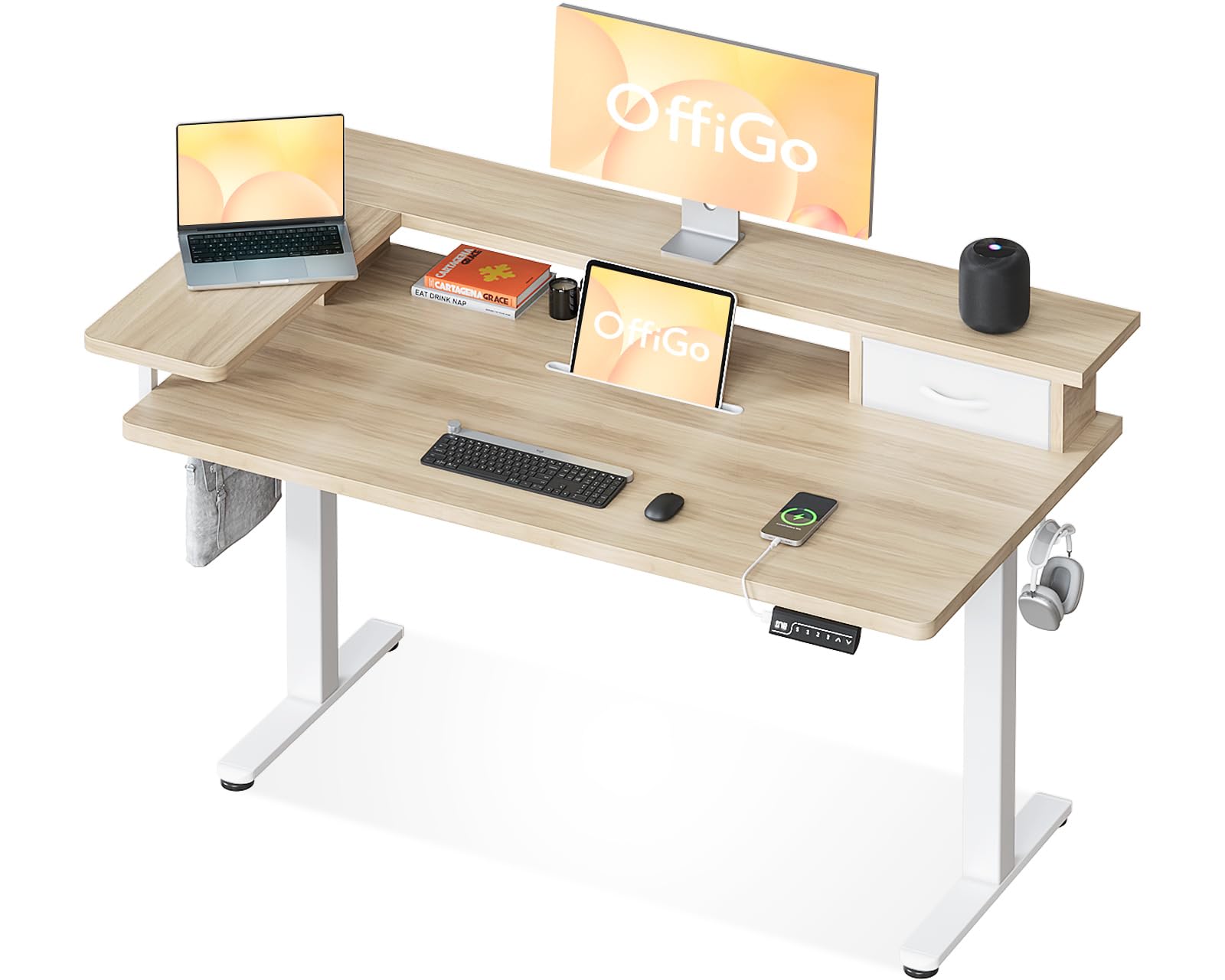 OffiGo Elektr. Steh-Sitz Schreibtisch 120x60cm Maple USB Schublade. Elektr. höhenverstellbarer Tisch in Ahorn, USB-Port und Schublade für wechselndes Sitzen/Stehen.