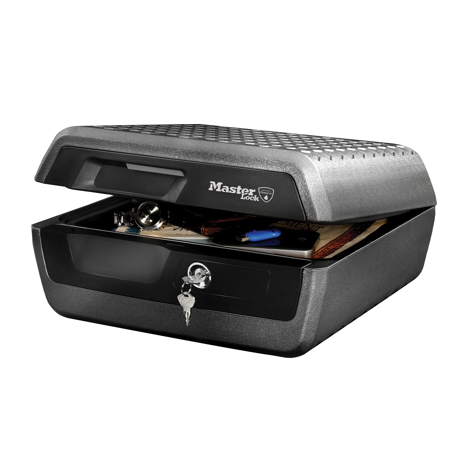 Master Lock LCFW30100 Feuer/Wasser-Sicherheitskassette Gross Schlüsselschloss. Dunkelgraue, rechteckige Kassette schützt Dokumente feuer- & wasserdicht.