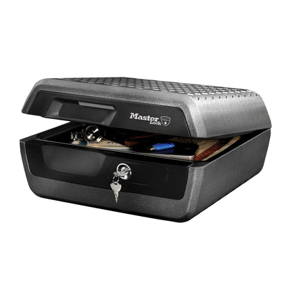 Master Lock LCFW30100 Feuer/Wasser-Sicherheitskassette Gross Schlüsselschloss. Dunkelgraue, rechteckige Kassette schützt Dokumente feuer- & wasserdicht.