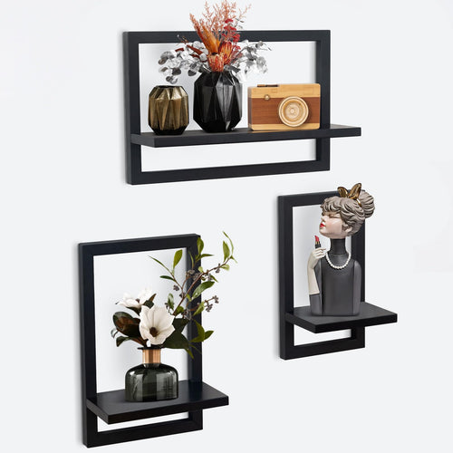 hi-home Schweberegal 3er-Set Wandregal Holz Schwarz – drei quadratische Regale zur Wandbefestigung
